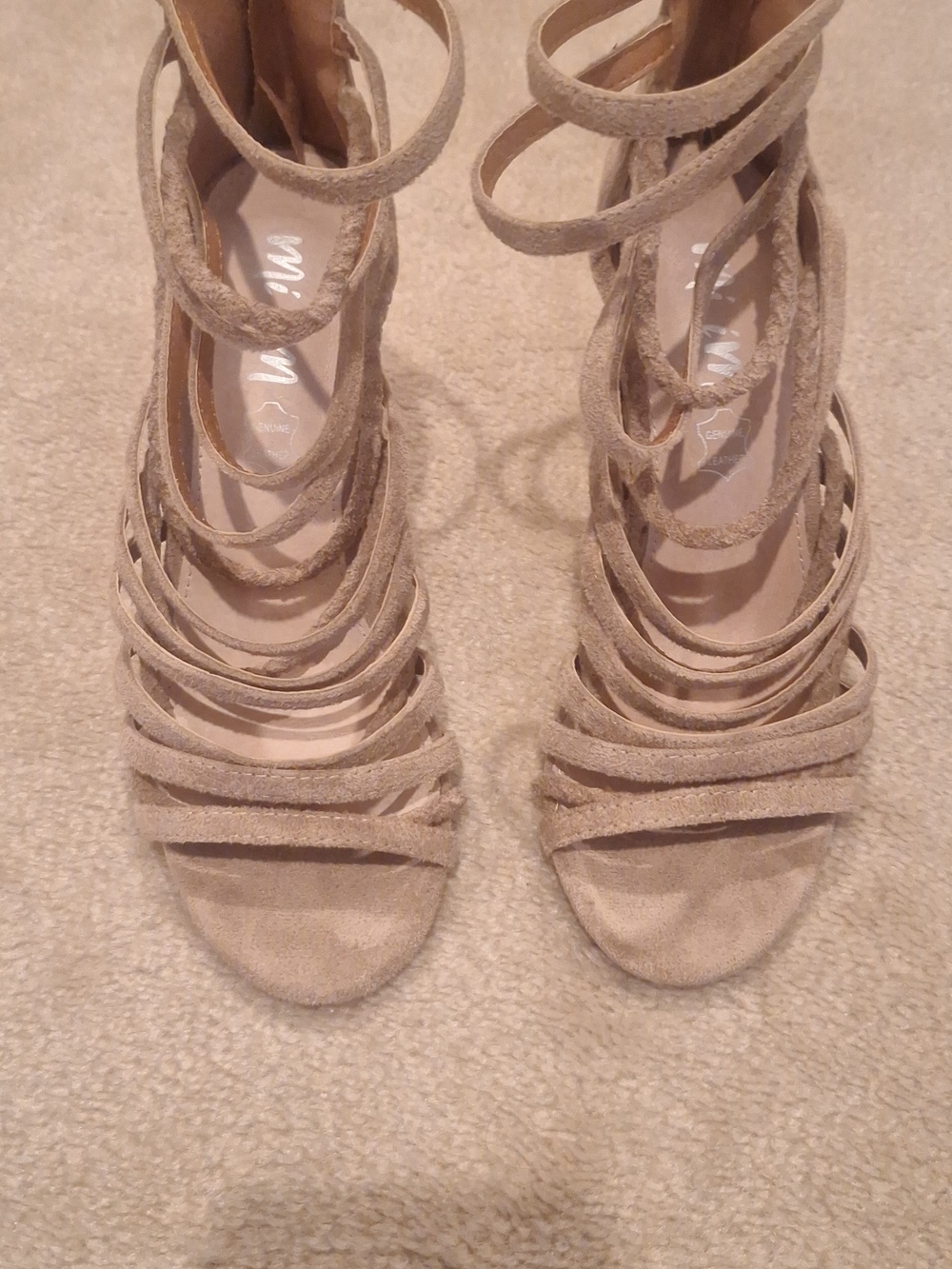 mi,im Strappy Taupe Suede High Block Heel Sandals - Women Geniune Leather Size 7